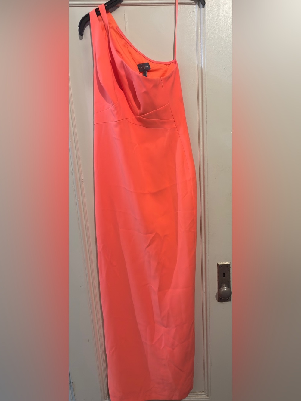 NWT Liv Foster One-Shoulder Neon Coral Maxi Dress. Size 6. L 59.5” x W 12.5”.
